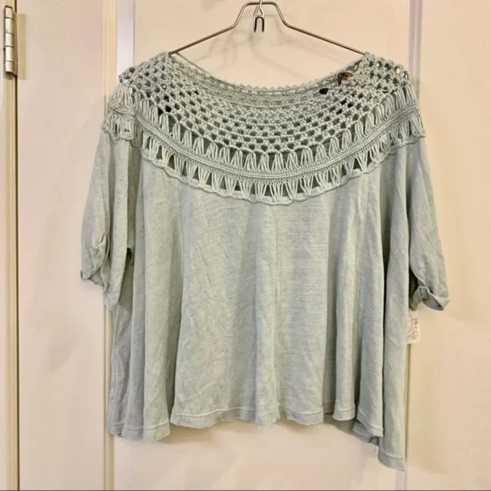 🩵 Free People Crochet Pale Baby Blue Colette Macrame Neckline Tee